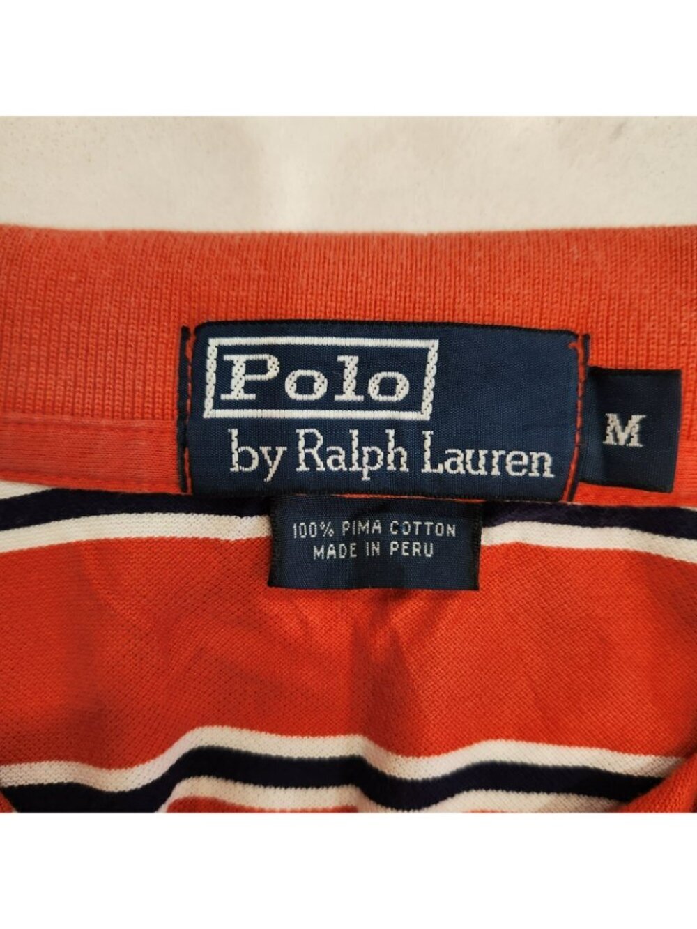 Vintage Polo Ralph Lauren Polo Shirt Pima Cotton Mesh Orange Stripes Mens Medium - Picture 4 of 8